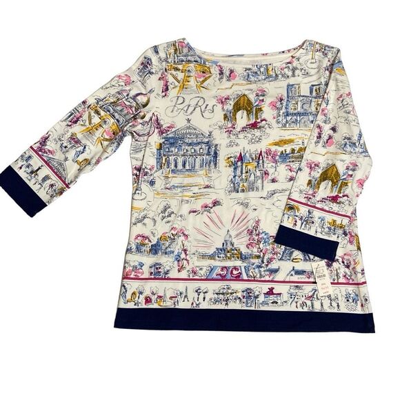 The Talbots Tee NWT Boat Neck Paris Scene Tee Shirt 3/4 Sleeves Petite Medium - Picture 1 of 10
